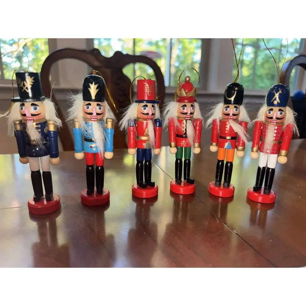 6 Miniature VTG Traditional Wooden Nutcracker Hanging Christmas Tree Ornaments
